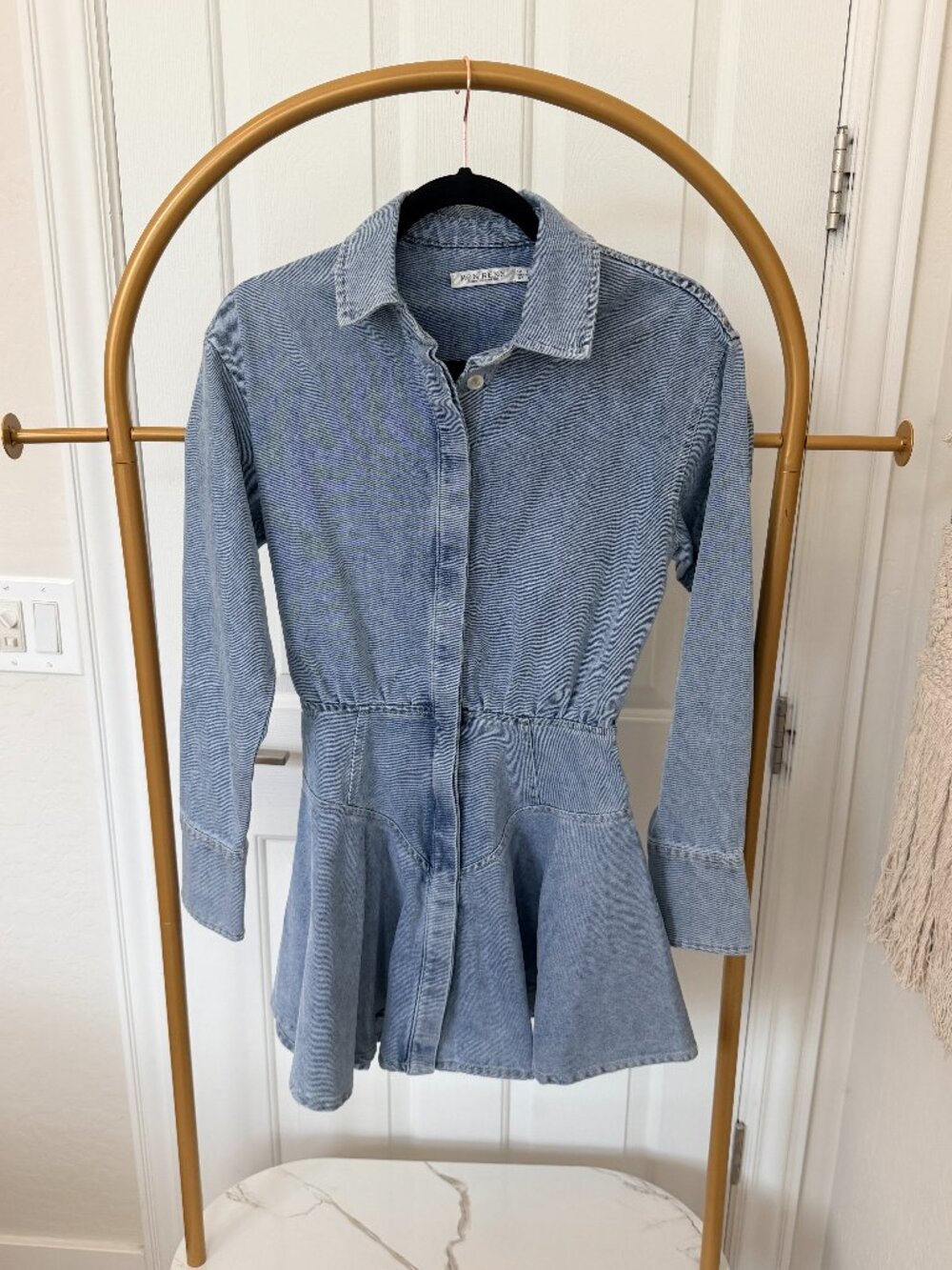Mon Renn Denim Long Sleeve Smocked Waist Mini Dress XS